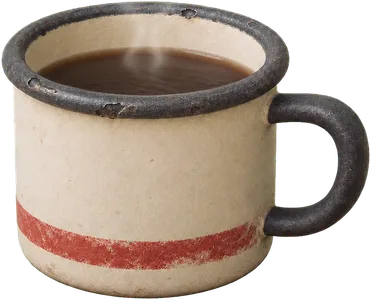 A chipped cream enamel mug with a red band