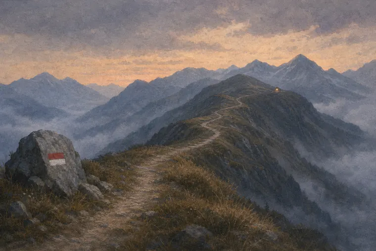 A painted postcard of a long trail climbing into the mountains