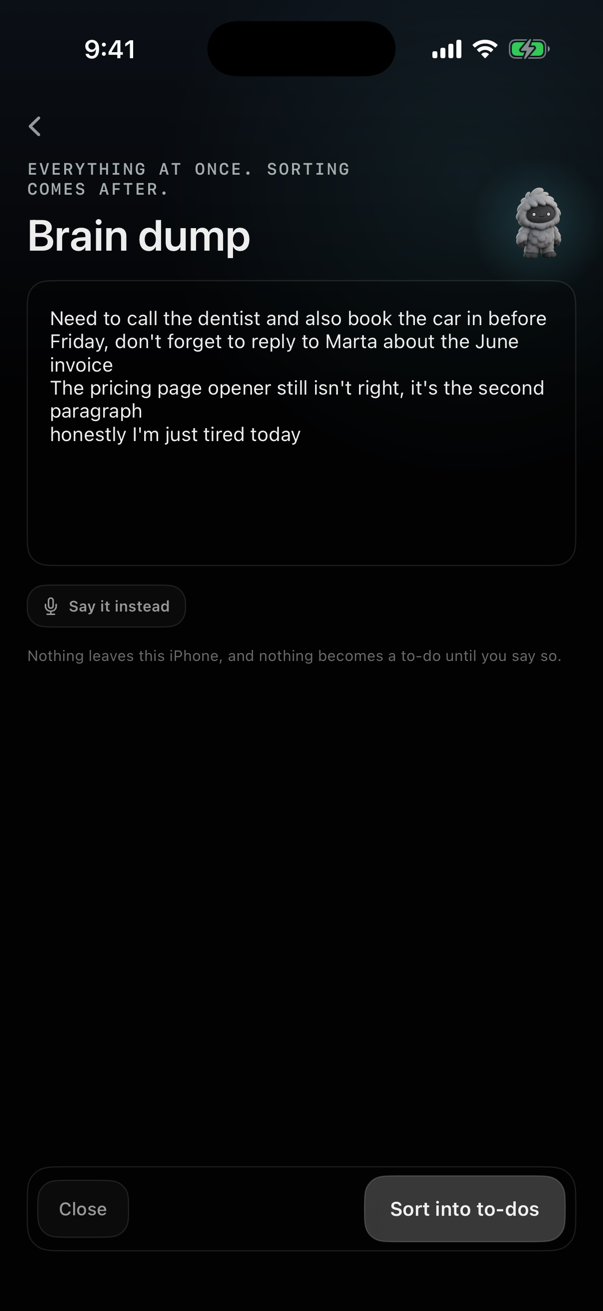The Stoiq brain dump on iPhone: a page of unsorted thoughts typed into a single field, a “Say it instead” microphone button, the line “Nothing leaves this iPhone”, and a Sort into to-dos action.